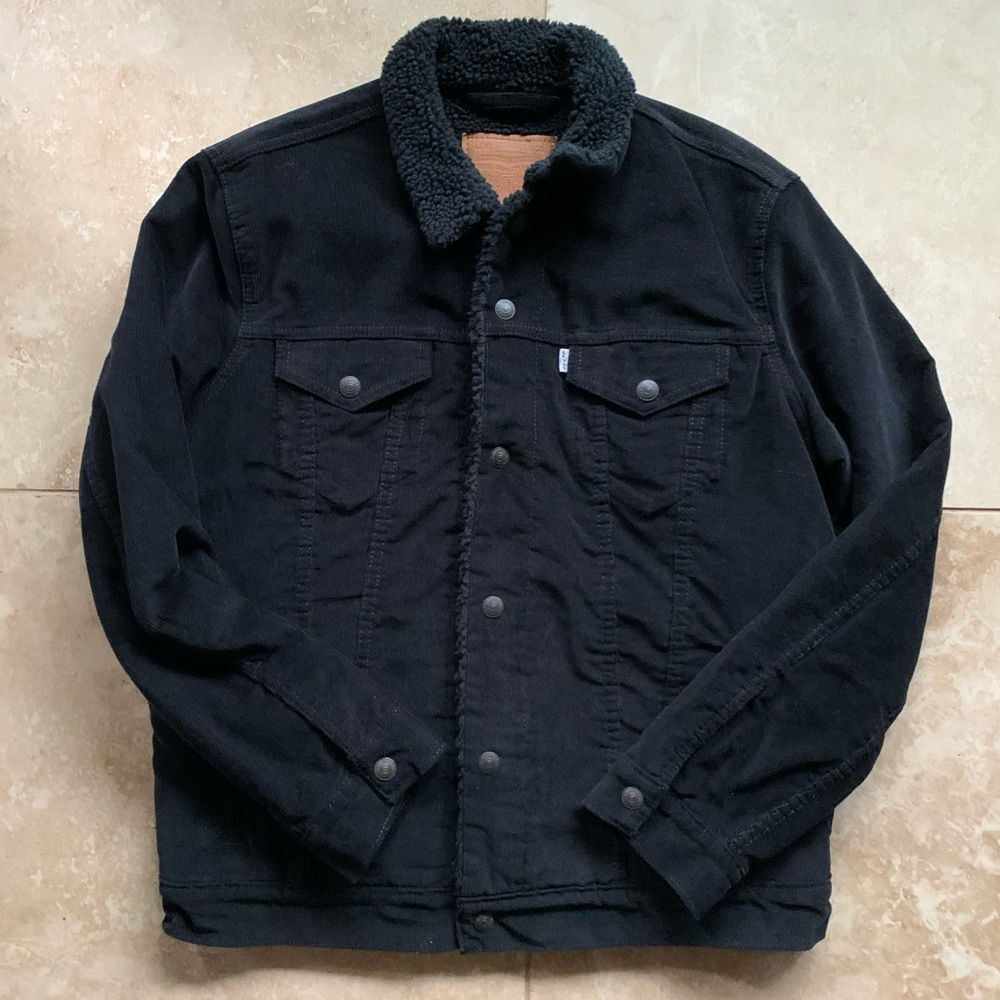 Levi’s black corduroy jacket with black Sherpa lining size large